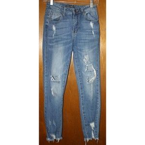 Encore Destroyed Denim Jeans Size 7 Raw Hem Ripped Skinny Stretch